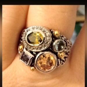 Silver Cocktail Ring Multi Stone Blue Gree Nwot